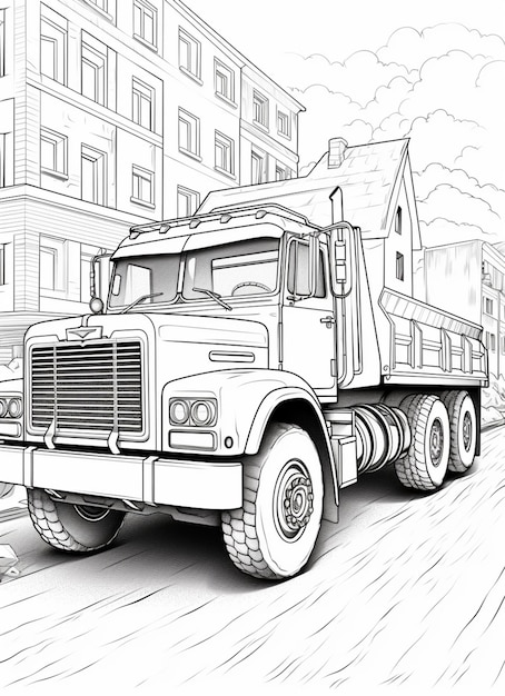 Photo coloring pages of a large truck driving down a street generative ai