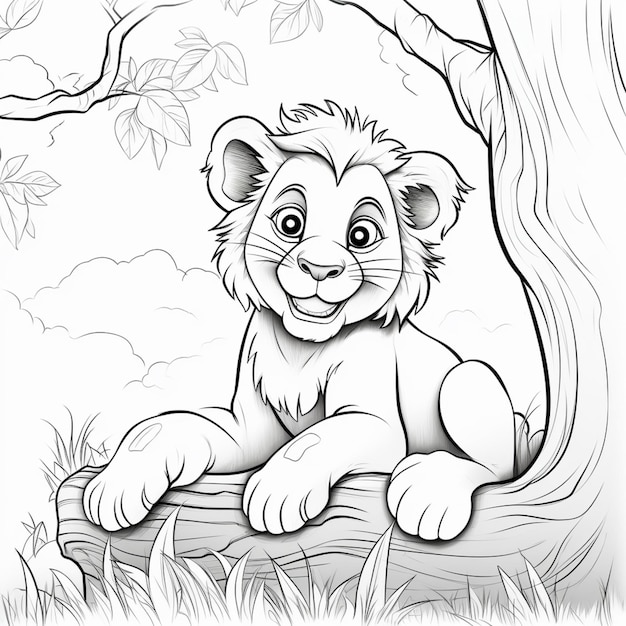 Foto pagine da colorare di un cucciolo di leone seduto su un tronco generativo ai
