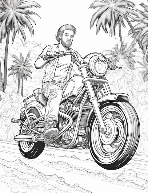 Coloring pages of a man riding a motorcycle on a road generative ai