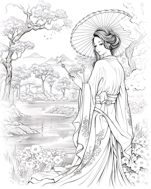 Coloring Pages of Man with Umbrella in Asian Style