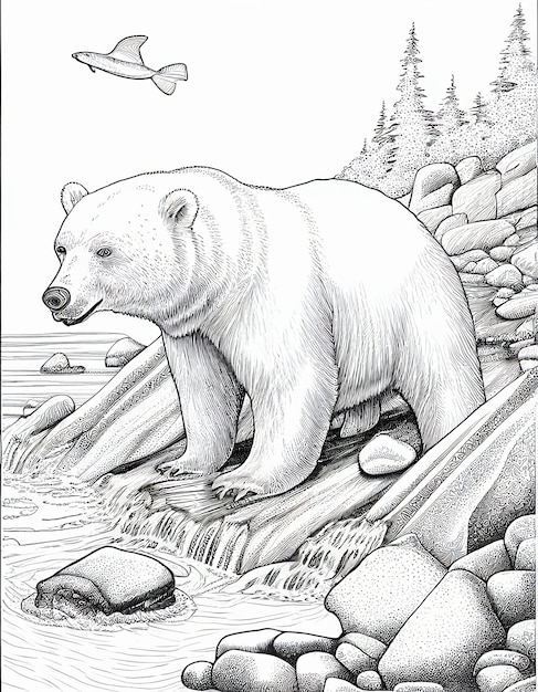 Фото Раскраски медведя, стоящего на камне у реки, генеративный ии