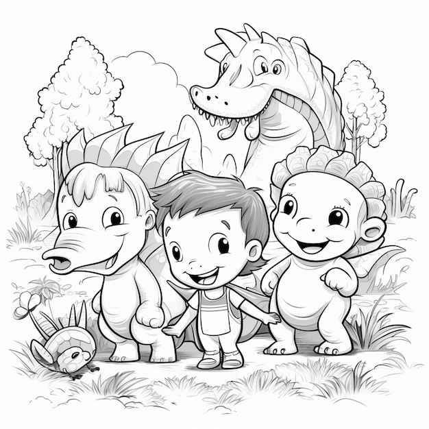 사진 공룡과 용 생성 ai가 있는 어린이의 색칠 공부 페이지