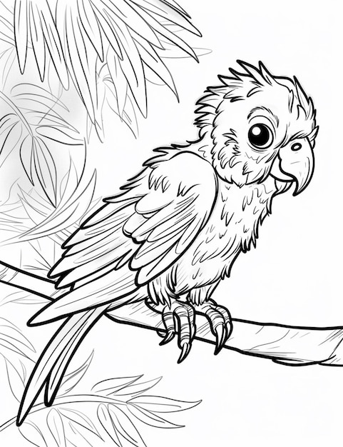 Photo coloring pages of a parrot sitting on a branch with leaves generative ai