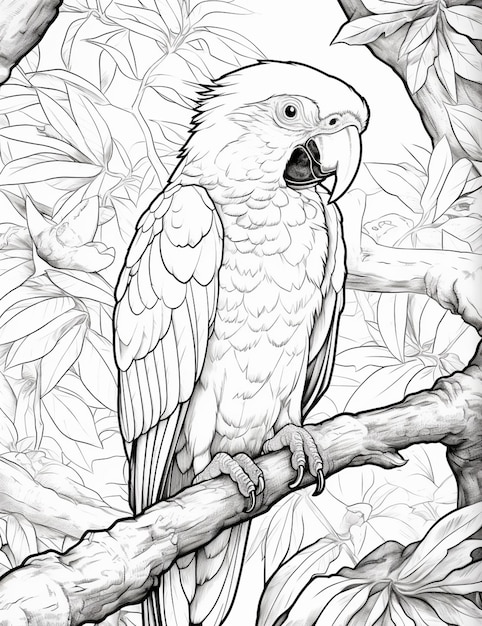 Photo coloring pages of parrots on a branch of a tree generative ai