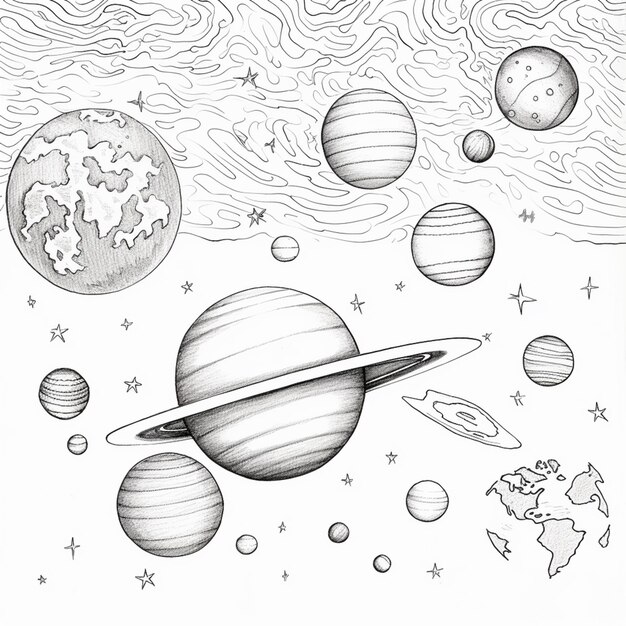 Photo coloring pages of planets and planets with stars and planets generative ai