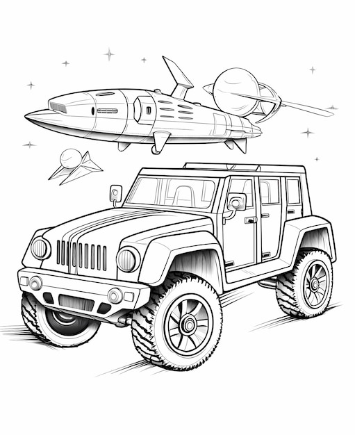 Photo coloring pages rocket a jeep a airplane and a scooter cartoon style thick lines