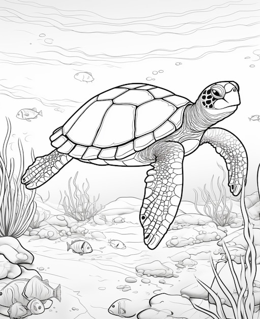 Foto pagine da colorare di tartarughe marine e pesci nell'oceano generativo ai