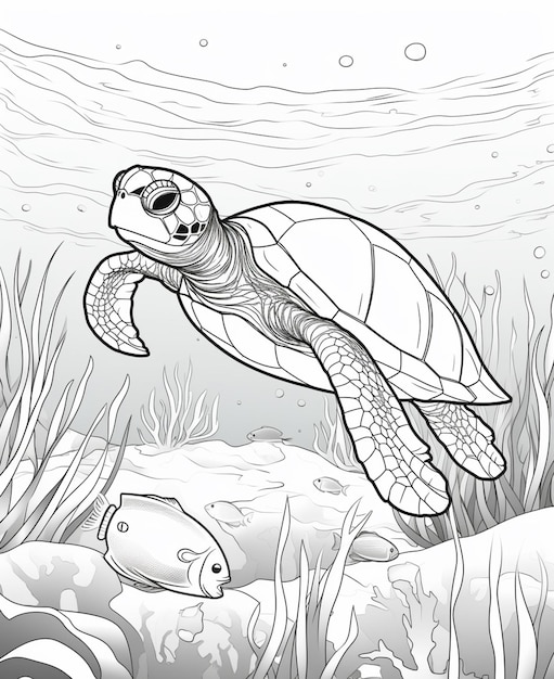 Coloring pages of sea turtles and fish under the sea generative ai
