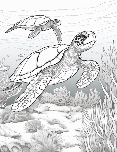 coloring pages of sea turtles swimming in the ocean generative ai