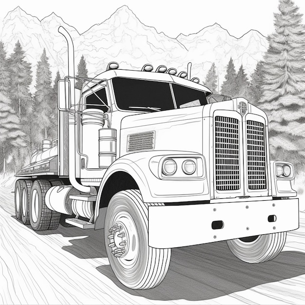 coloring pages of a semi truck driving down a road in the mountains generative ai