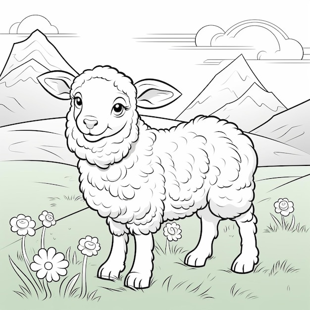 山を背景にした野原の羊のぬりえページ