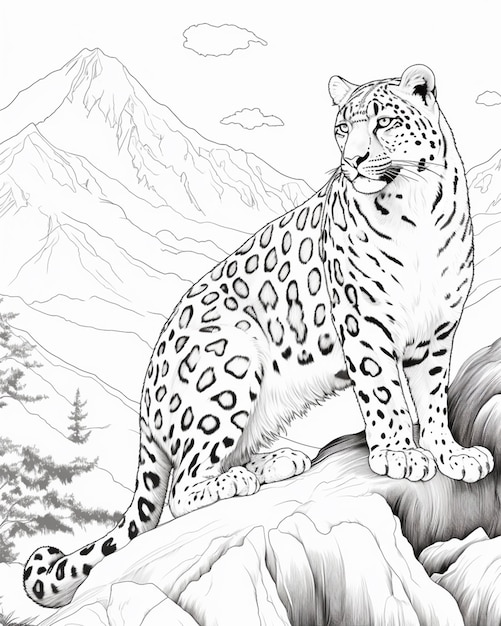 Foto pagine da colorare di un leopardo delle nevi seduto su una roccia nelle montagne generativ ai