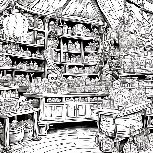 coloring pages of a store with shelves and shelves full of items generative ai