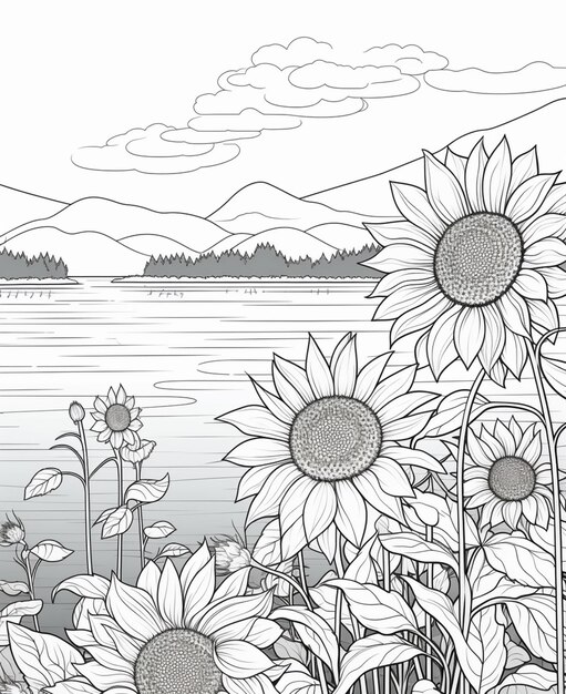 Photo coloring pages of sunflowers and a lake with a mountain in the background generative ai