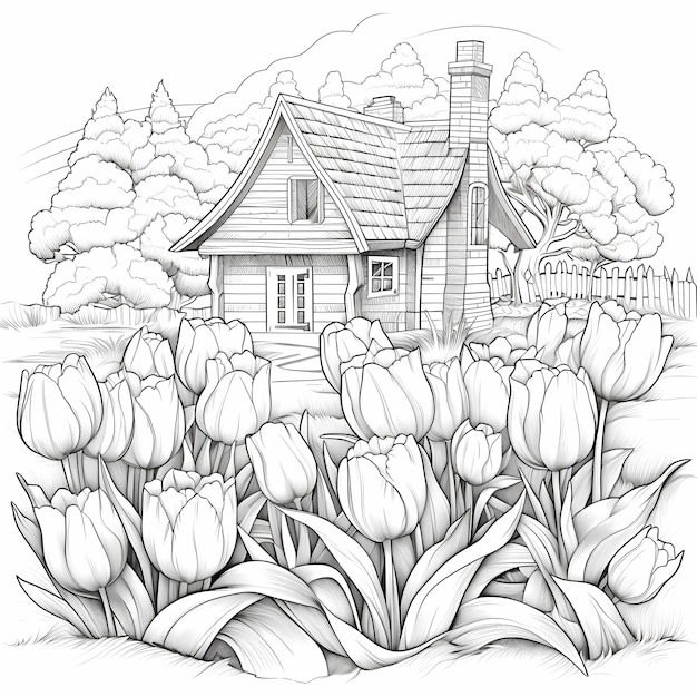 coloring pages of tulip in gardenno shadingno colorthick linelow detail