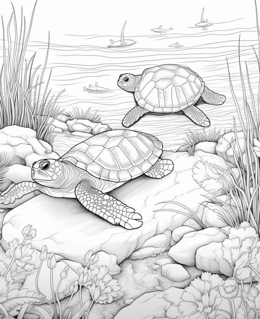 coloring pages of turtles swimming in the ocean with rocks and plants generative ai