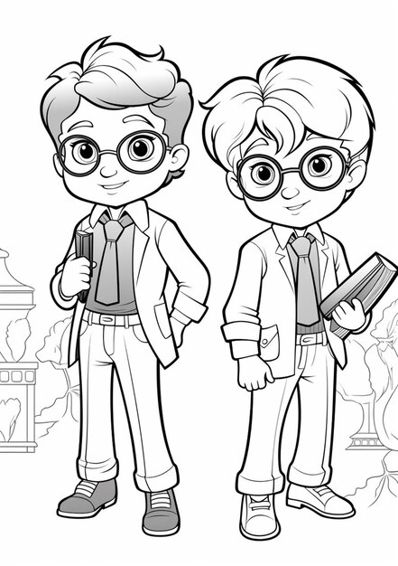 Photo coloring pages of two boys in suits and glasses generative ai