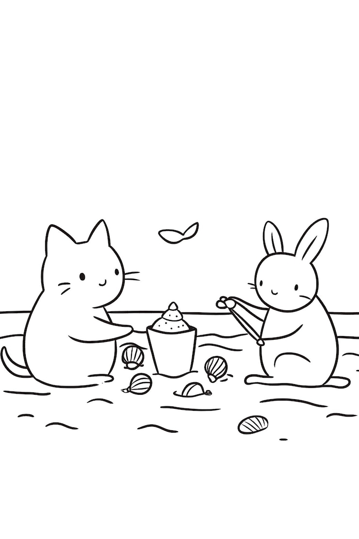 Photo バケツと魚で遊ぶ2匹の猫のカラーページ