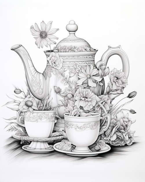 The Coloring Pages with a Teapot and Cup