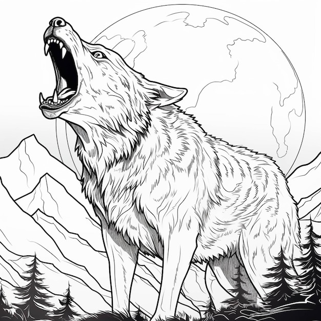 Coloring pages of a wolf howling at the moon generative ai