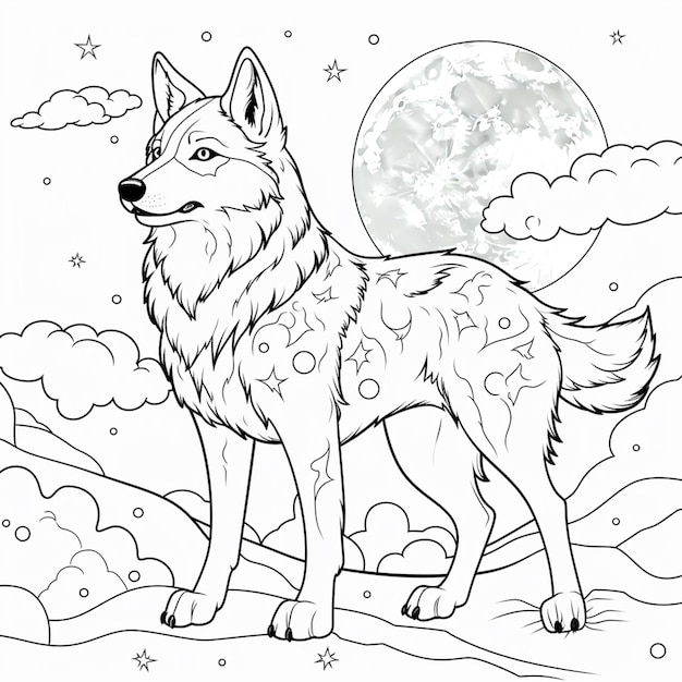 Foto pagine da colorare di un lupo in piedi nella neve con una luna piena dietro di esso generativo ai