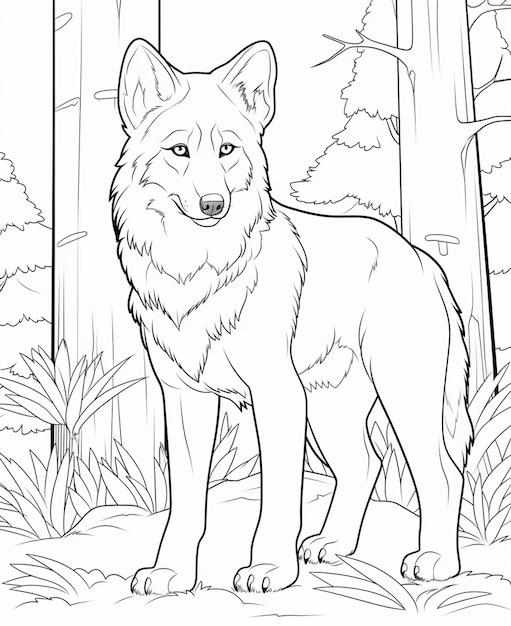 Coloring pages of a wolf in the woods generative ai