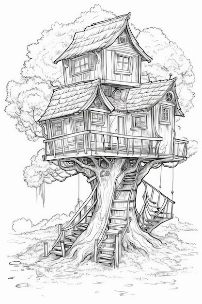 Photo coloring pencil drawing of a treehouse