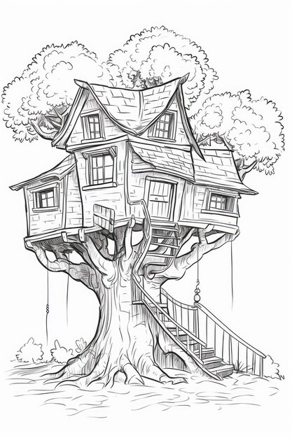 Photo coloring pencil drawing of a treehouse