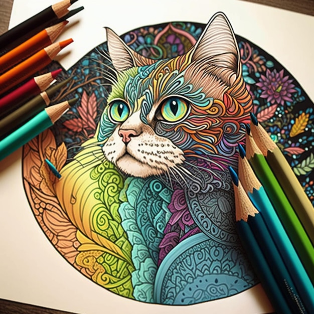 테이블에 색 연필로 고양이의 그림을 색칠하는 생성 ai