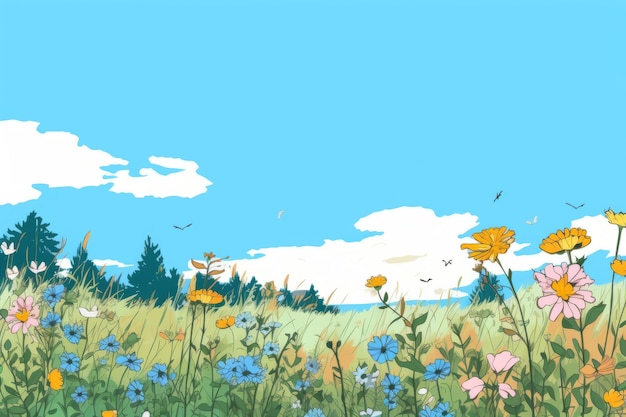 田舎の花草原のカラー化された図面