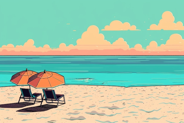 Colorized drawing of a summer beach