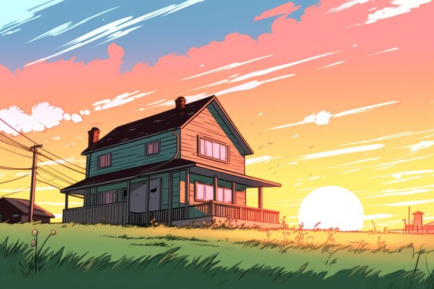 Colorized Drawing of a Summer Suburban House