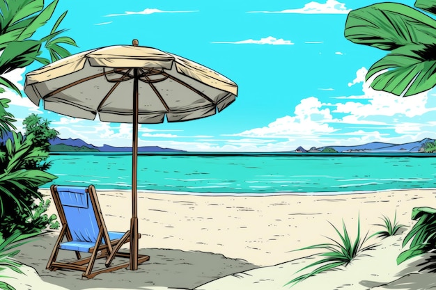 Colorized Drawing of a Tropical Summer Beach