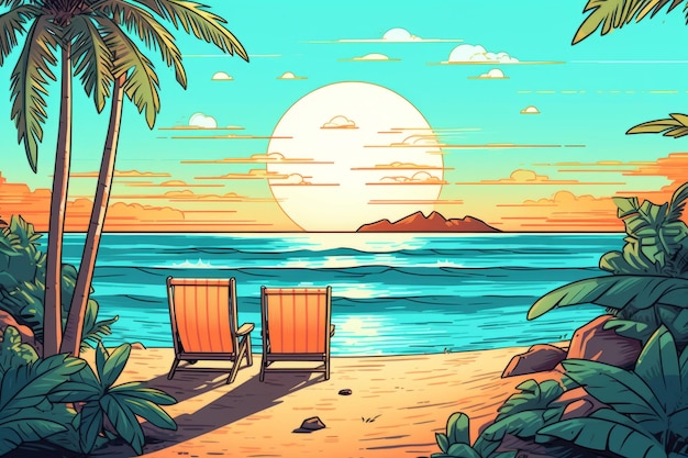 Colorized Drawing of a Tropical Summer Beach