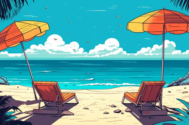 Colorized drawing of a tropical summer beach