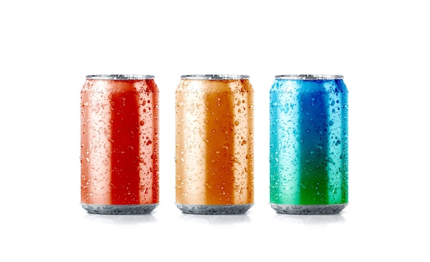 Photo colors aluminium soda can with drops, 3d rendering.