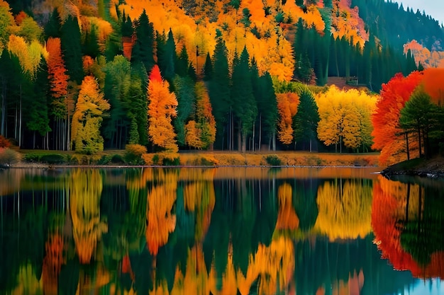 The colors of autumn are reflected in the water.