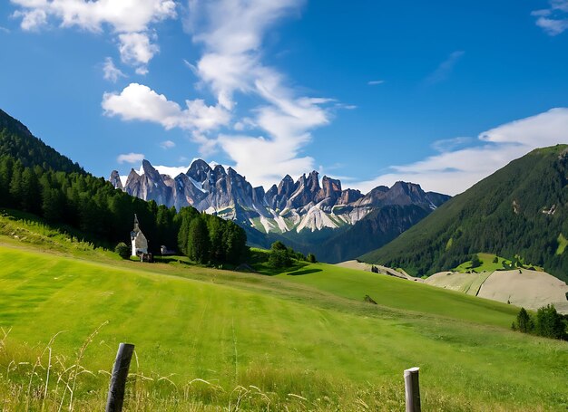 Photo colors of the dolomites in the funes view of the valley in southern tyrol italy green grass