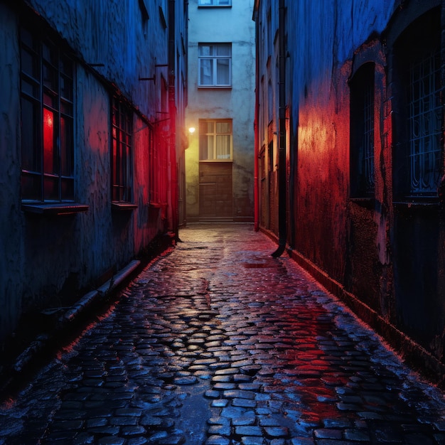 Colors of Night Illuminated German Alley in Blue and Red Hues