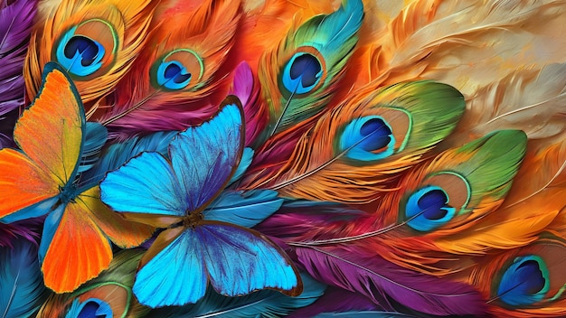 Цвета радуги красочные перья павлов и яркие тропические морфо бабочки на заднем плане