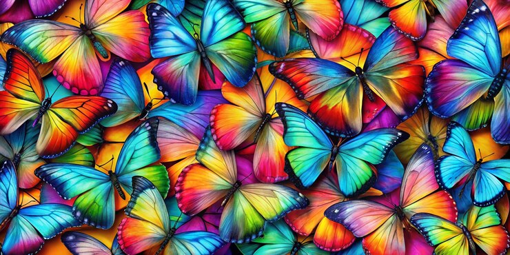 Photo colors of rainbow pattern of multicolored butterflies morpho texture background