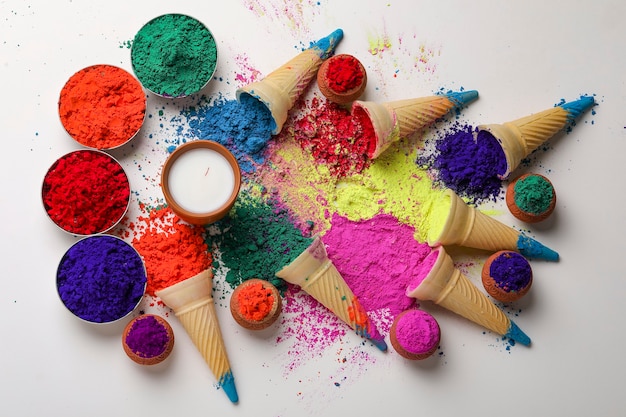 Colors in shapes of ice cream scoops in cones for Indian holi festival