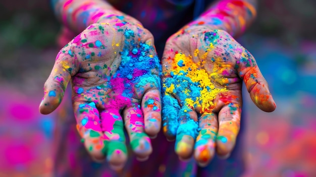 Photo colorsplattered hands in vivid hues offering a burst of festivity and artistic expression