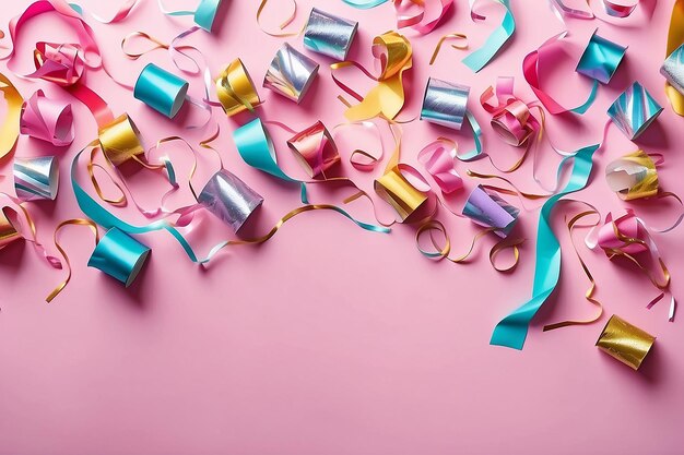 Photo colorul party streamers on pink background celebration concept flat lay