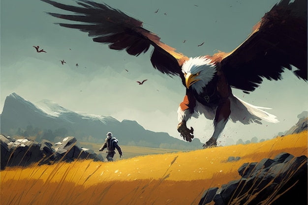 Colossal bird of prey attacks the fighter from overhead in a meadow Fantasy concept Illustration painting Generative AI