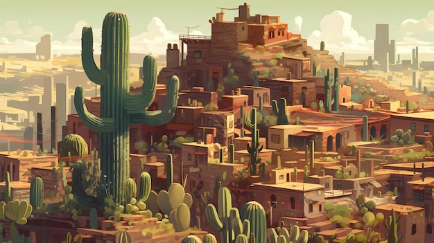 A colossal cactus in a village digital art illustration