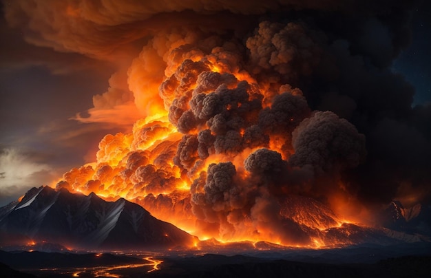 A colossal eruption of fire and smoke illuminate