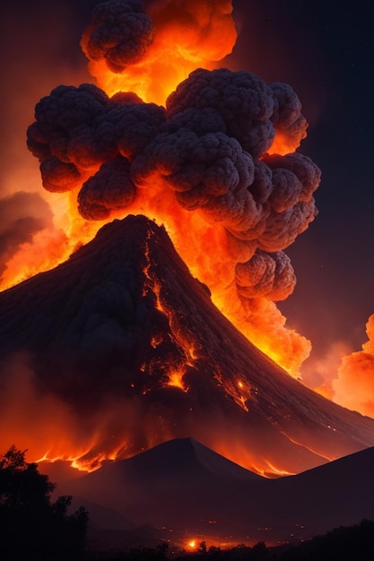 Колоссальное извержение огня и дыма освещает ночное небо ярким оранжевым цветом.