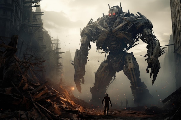 A colossal and futuristic robot looms over a bustling cityscape capturing the attention of onlookers An imposing robot standing tall in a ruined city AI Generated