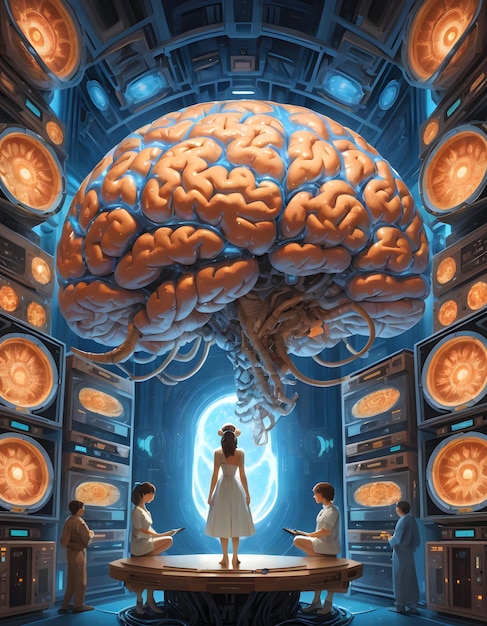 a colossal human brain is intricately connected to advanced computers housed in the surrounding rack